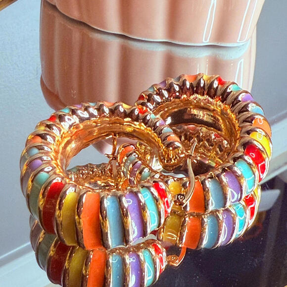 Rainbow Enamel Chunky Hoop Earrings Gold Tone Statement NWT - Picture 3 of 7